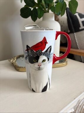 NWOT Ceramic Cat & Cardinal Travel Mug - Red Handle